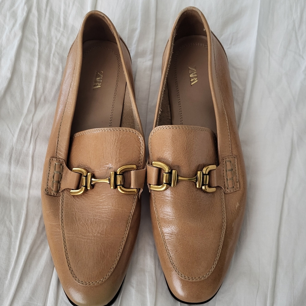 Zara Camel Leather Loafers With Brass / Brass Horsebit